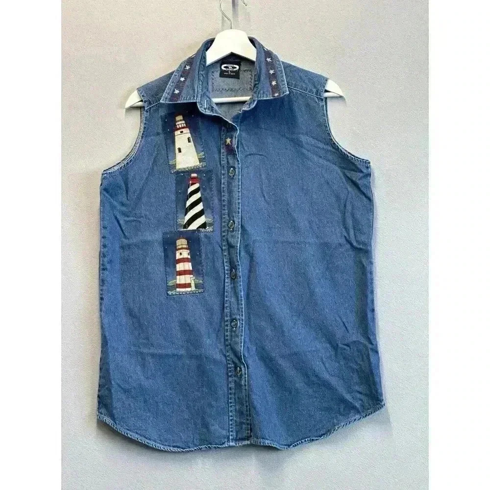 Vintage Three Rivers Woman's Size Large Denim Light House Vest Made In USA
